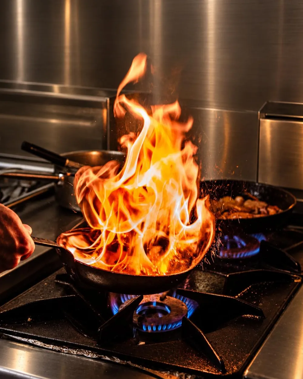 A pan flaming on the stove in the Burgerooze kitchen